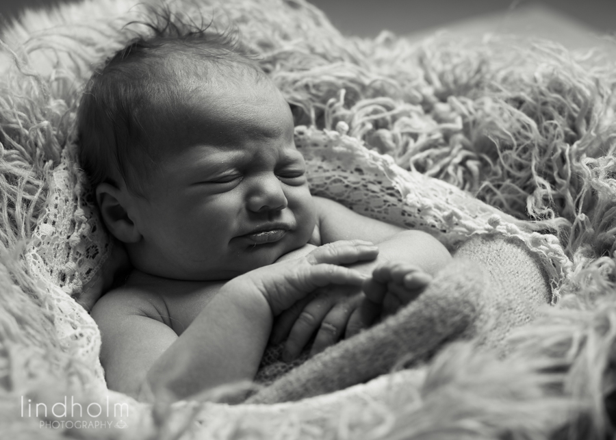 nyfödd bebis som gör grimas medan hon drömmar. bilden i svart vit. stockhom fotograf terri lindholm