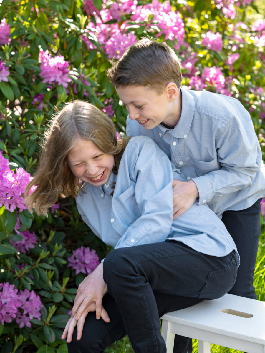 familjerfotografering stockholm trädgården med rhodadendruns, syskonfoto